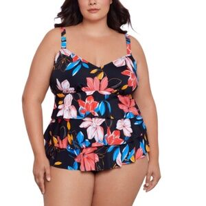 Swim Solutions Plus Size Tiered Floral-Print One Piece Multicolor Size 18W 10595